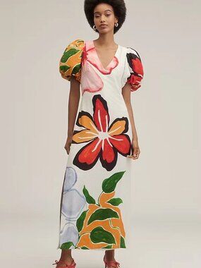 New By Anthropologie Puff-Sleeve A-Line Maxi Dress Ivory L